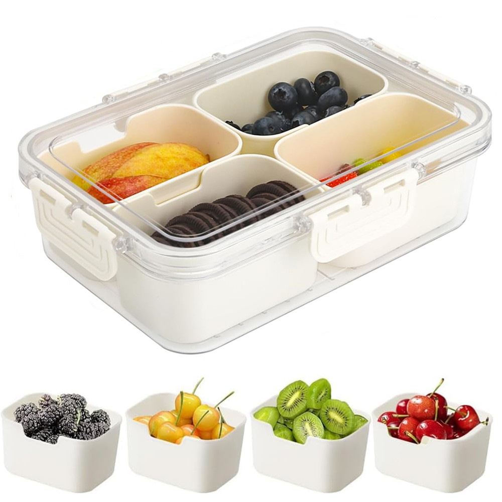 Food Snacks Wholesale - กล่องเก็บอาหารแบบพกพา, กล่องเก็บขนม, 4 ช่องพร้อมฝาปิด, ถาดแยกสำหรับเสิร์ฟ, กล่องขนมสำหรับครัว,