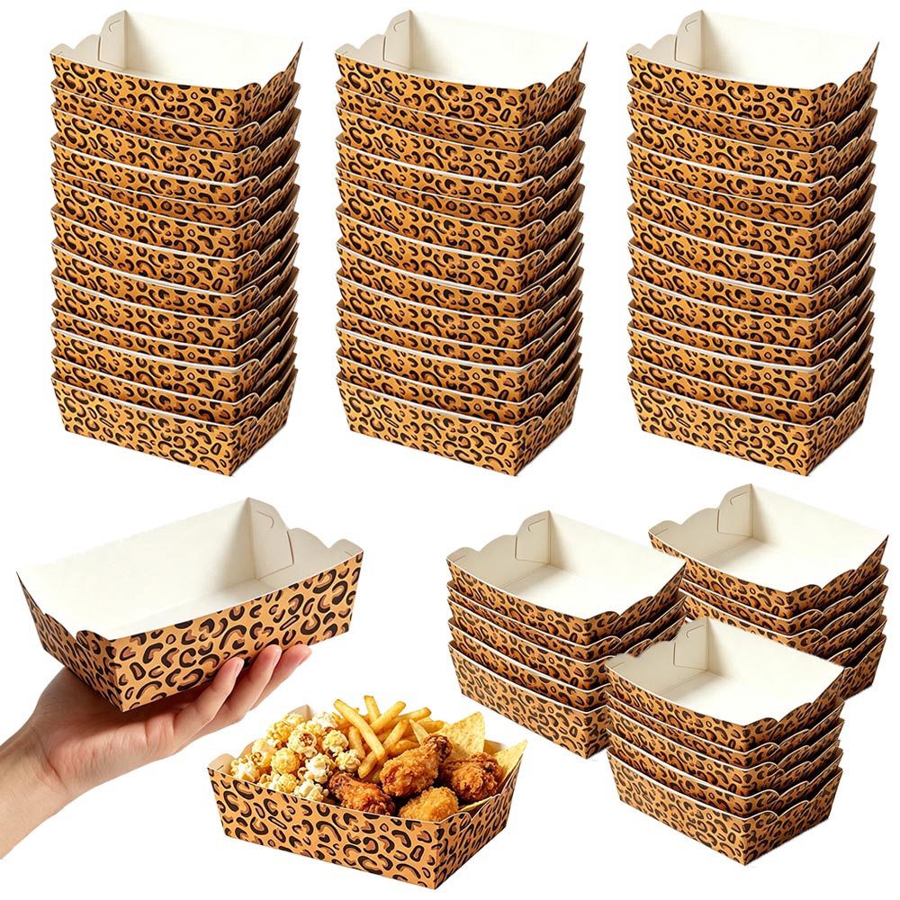 Food Day Snacks - ถาดกระดาษลายเสือดาวแบบใช้แล้วทิ้ง 12-100 ชิ้น กล่องใส่ขนมลายสัตว์ ของตกแต่งงานวันเกิดธีมป่า