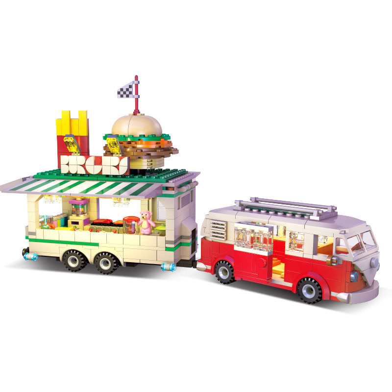 Food Snacks To Eat - ตัวต่อสร้างสรรค์รูปอาคารร้านขายเบอร์เกอร์เคลื่อนที่ Das Auto T1 ของเล่นรถขายอาหารพร้อมไฟ